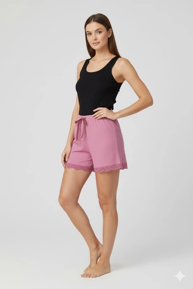 Bambu Fitilli Kadın Ev Şortu Bacak Dantel Detaylı Ev Giyim Pembe - Resim 2