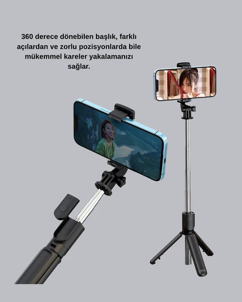 Kablosuz Bluetooth Selfie Çubuğu – 360° Dönebilir Başlık, Taşınabilir ve Şık Tasarım - Resim 2