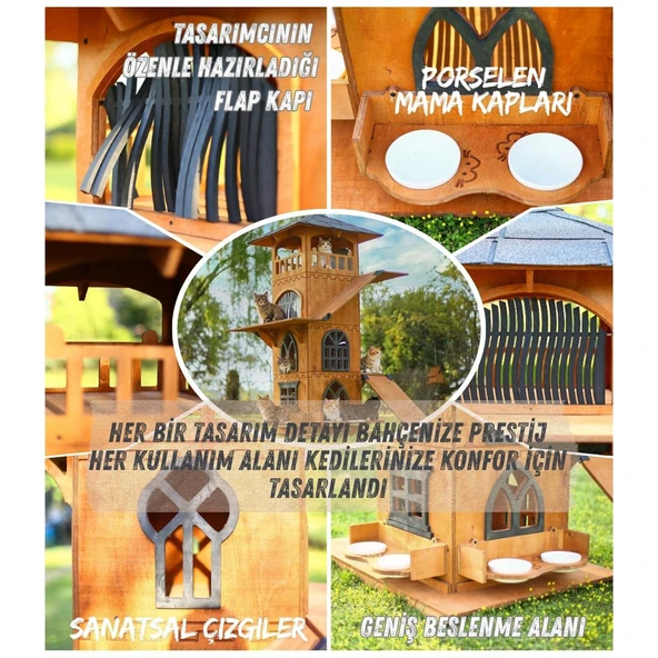 MANDU Ahşap 4 Katlı Teraslı Kedi Evi Tırmalama Mama Kaplı - Resim 3