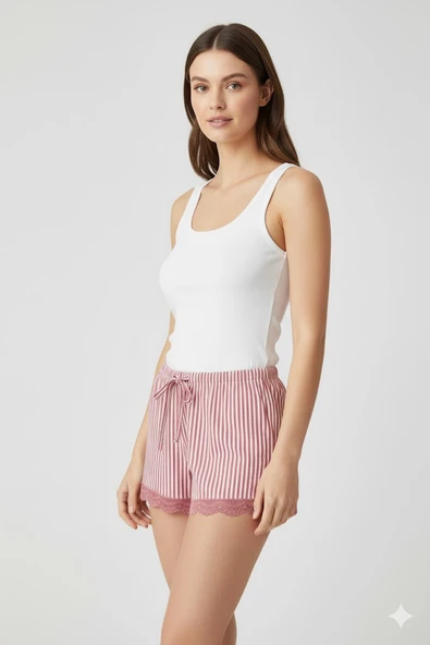Çizgili Penye Kadın Ev Şortu Bacak Dantel Detaylı Ev Giyim Fuşya - Resim 2
