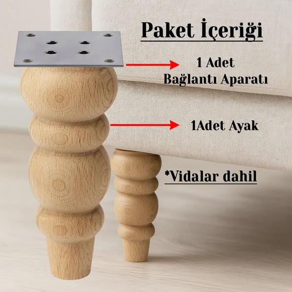 Boyasız Ham Doğal Ahşap 4'lü Set Ayak Silindir Mobilya Koltuk Kanepe Ayağı Aparat Dahil Bohem 17 cm - Resim 5