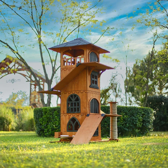 MANDU Ahşap 4 Katlı Teraslı Kedi Evi Tırmalama Mama Kaplı - Resim 7