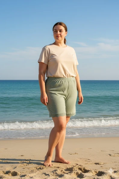 Bambu Fitilli Kadın Ev Şortu Bacak Dantel Detaylı Ev Giyim Yeşil - Resim 4