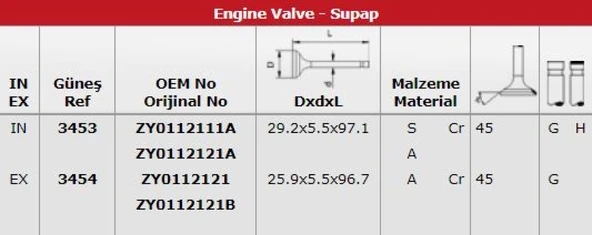 Mazda Subap Takımı Mazda 3 16v (in 8 / Ex 8) - Gunes 3453-3454 ürün görseli 1