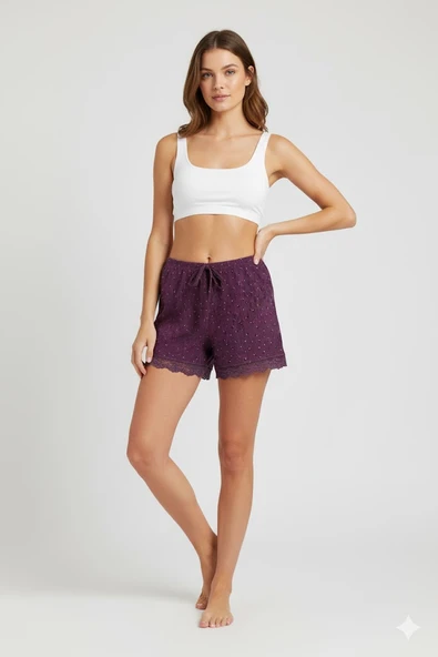 Düz Renk Mini Çiçek Desenli Penye Kadın Ev Şortu Bacak Dantel Detaylı Ev Giyim Gül Kurusu ürün görseli 1