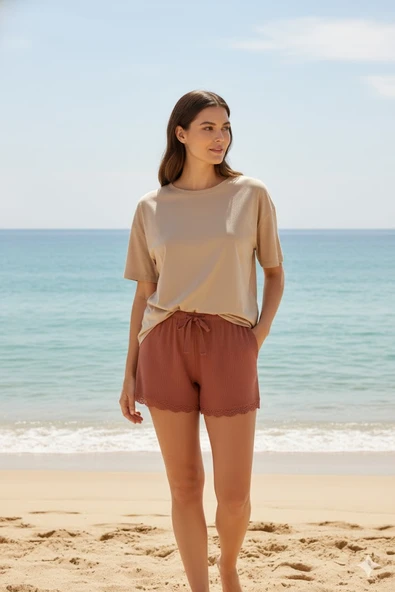 Bambu Fitilli Kadın Ev Şortu Bacak Dantel Detaylı Ev Giyim Taba - Resim 4