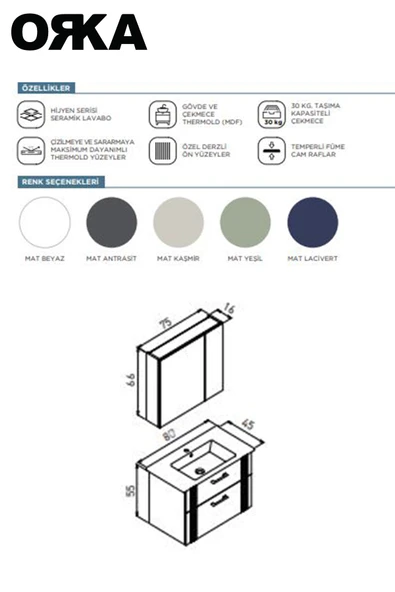 ORKA BARI 80 cm Mat Kaşmir Banyo Dolabı - Resim 4