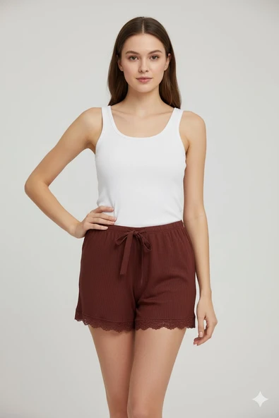 Bambu Fitilli Kadın Ev Şortu Bacak Dantel Detaylı Ev Giyim Koyu Taba ürün görseli 1