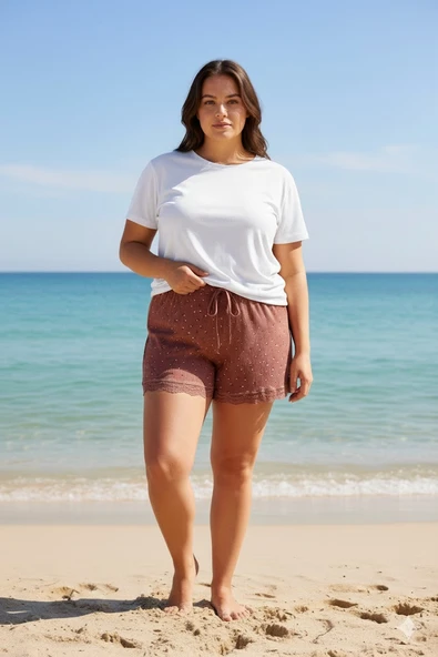 Düz Renk Mini Çiçek Desenli Penye Kadın Ev Şortu Bacak Dantel Detaylı Ev Giyim Taba - Resim 4