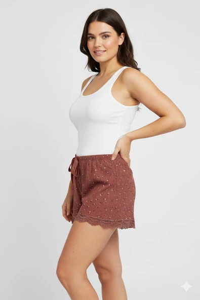 Düz Renk Mini Çiçek Desenli Penye Kadın Ev Şortu Bacak Dantel Detaylı Ev Giyim Taba - Resim 2