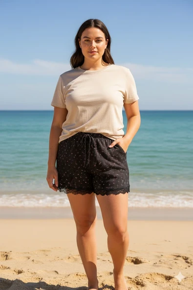 Düz Renk Mini Çiçek Desenli Penye Kadın Ev Şortu Bacak Dantel Detaylı Ev Giyim Siyah - Resim 4