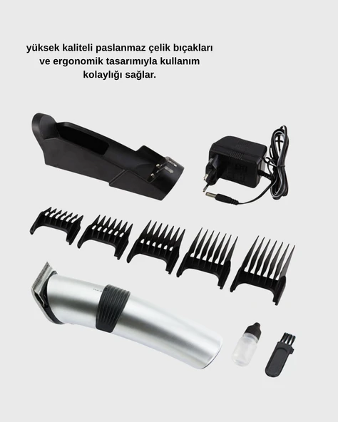 Şarjlı Saç ve Sakal Kesme Makinesi – Paslanmaz Çelik Bıçak, Ayarlanabilir Başlık - Resim 5
