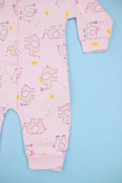 Nayinom Sevimli Fil Desenli Pembe %100 Pamuk Manşetli (Patiksiz) Kız Bebek Tulum - Resim 3