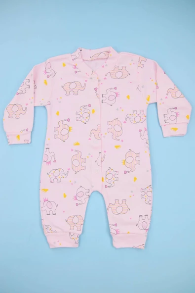 Nayinom Sevimli Fil Desenli Pembe %100 Pamuk Manşetli (Patiksiz) Kız Bebek Tulum ürün görseli 1