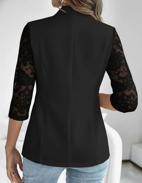 MDB Kadın Uzun Kollu Truvakar Kol önden Düğmeli Cepli Dantelli Atlas Ceket - Resim 2