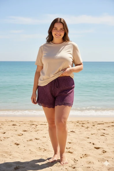 Düz Renk Mini Çiçek Desenli Penye Kadın Ev Şortu Bacak Dantel Detaylı Ev Giyim Gül Kurusu - Resim 4