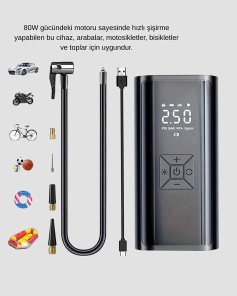 Kablosuz Dijital Lastik Şişirme Pompası LED Işıklı 80W - Resim 4