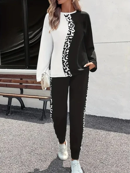 MDB Kadın Uzun Kollu Bisiklet Yaka çift Renkli Viskon Iki Iplik Bluz Ve Pantolon Ikili Takım - Resim 2