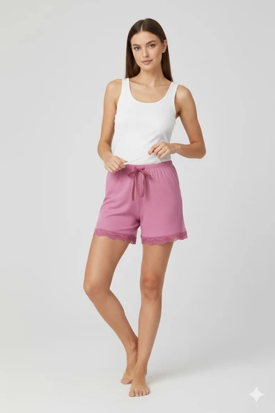 Bambu Fitilli Kadın Ev Şortu Bacak Dantel Detaylı Ev Giyim Pembe ürün görseli 1