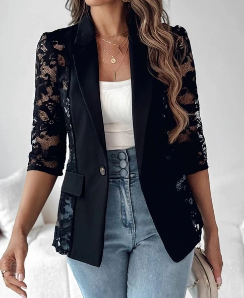 MDB Kadın Uzun Kollu Truvakar Kol önden Düğmeli Cepli Dantelli Atlas Ceket - Resim 3