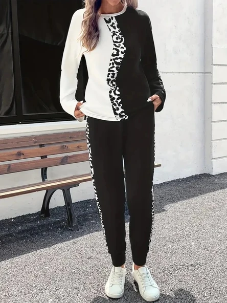 MDB Kadın Uzun Kollu Bisiklet Yaka çift Renkli Viskon Iki Iplik Bluz Ve Pantolon Ikili Takım ürün görseli 1