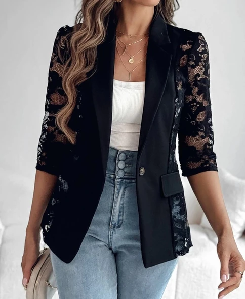 MDB Kadın Uzun Kollu Truvakar Kol önden Düğmeli Cepli Dantelli Atlas Ceket ürün görseli