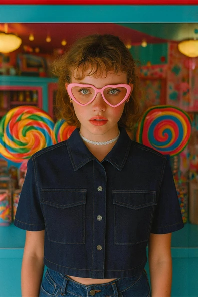 Kadın Regular Fit Cepli Lacivert Crop Jean Gömlek ürün görseli