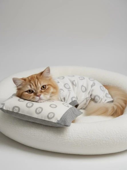 Soft Lion Kedi Uyku Seti | Penye Kedi Tulum ve Mini Yastık Takımı | Pamuklu | Tüy Dökülmesini Azaltır | ürün görseli 1