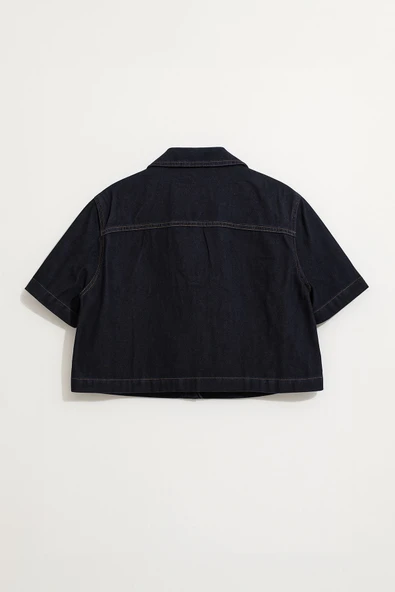 Kadın Regular Fit Cepli Lacivert Crop Jean Gömlek - Resim 3