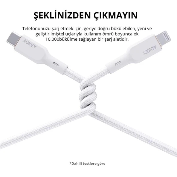 Aukey Cb-ncl1-wh Naylon Örgülü 3a 480mbps Type-c Lıghtnıng Kablosu 1.8mt - Resim 2