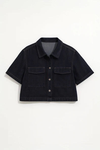 Kadın Regular Fit Cepli Lacivert Crop Jean Gömlek - Resim 2