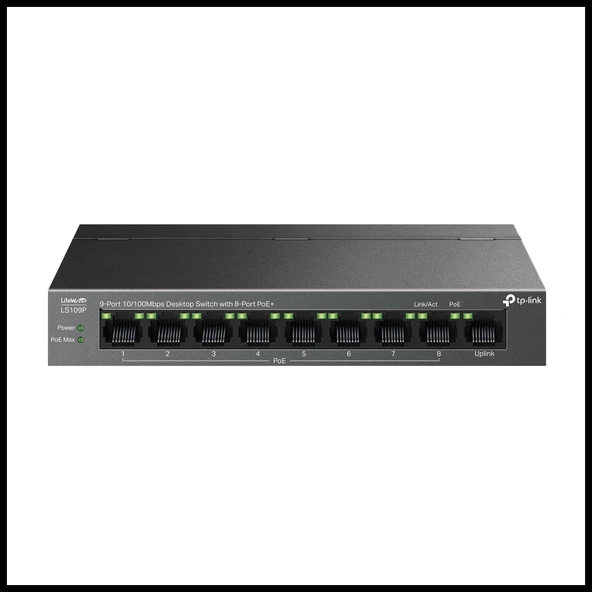 Tp-lınk Ls109p, Green Tech, 8 Port Megabit, Poe 63w, 1 Port Uplink, Long Range 250mt, Yönetilemez, Metal Kasalı Switch ürün görseli