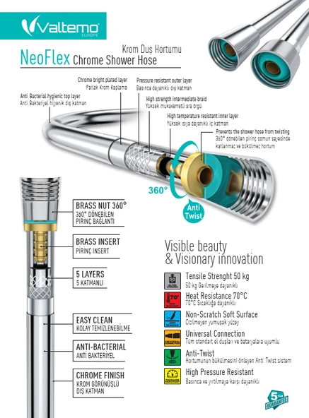 Valtemo 60  CM NeoFlex Duş Hortumu 5 yıl garanti - Resim 2