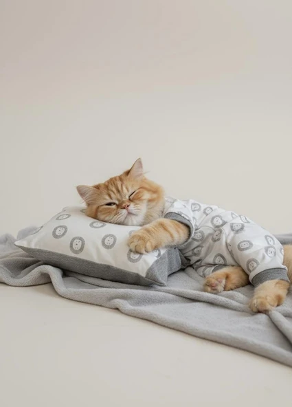 Soft Lion Kedi Uyku Seti | Penye Kedi Tulum ve Mini Yastık Takımı | Pamuklu | Tüy Dökülmesini Azaltır | - Resim 4