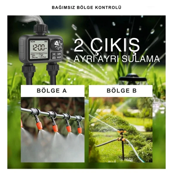 ShopyTech Çift Çıkışlı Dijital Sulama Zamanlayıcı IPX5, LCD Ekranlı Yağmur Erteleme A/B Bağımsız Programlama (3/4) - Resim 9