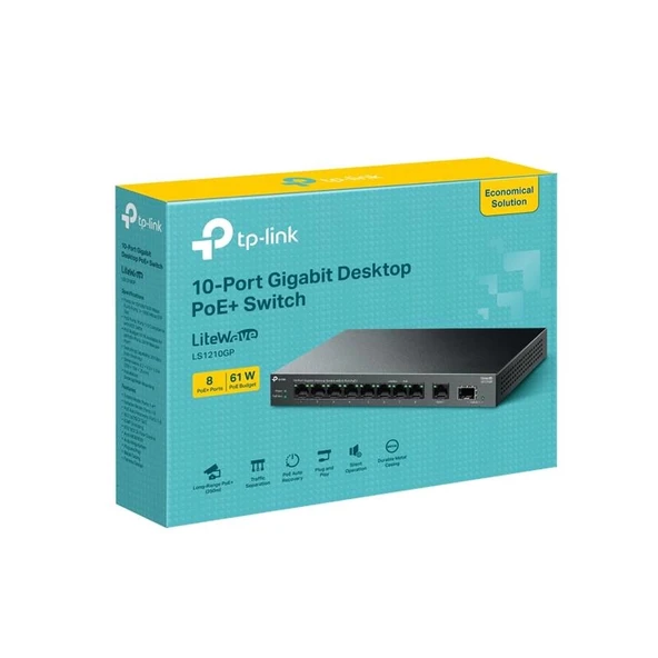 Tp-lınk Ls1210gp 8 Port Gıgabıt + 1xrj45/1xsfp Uplınk 61w 250 Metre Poe Mesafe Metal Kasa ürün görseli 1