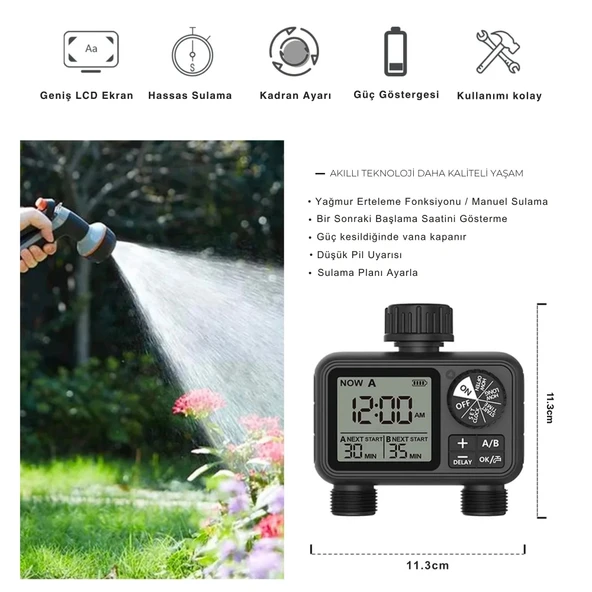 ShopyTech Çift Çıkışlı Dijital Sulama Zamanlayıcı IPX5, LCD Ekranlı Yağmur Erteleme A/B Bağımsız Programlama (3/4) - Resim 7