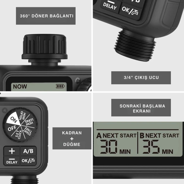 ShopyTech Çift Çıkışlı Dijital Sulama Zamanlayıcı IPX5, LCD Ekranlı Yağmur Erteleme A/B Bağımsız Programlama (3/4) - Resim 3