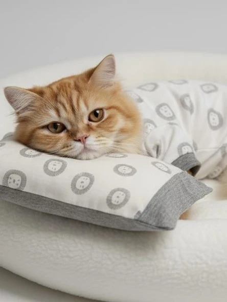 Soft Lion Kedi Uyku Seti | Penye Kedi Tulum ve Mini Yastık Takımı | Pamuklu | Tüy Dökülmesini Azaltır | - Resim 5