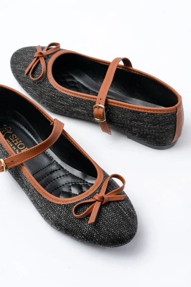 6321 Siyah Keten Günlük Baret Tokalı Bayan Babet - Resim 5