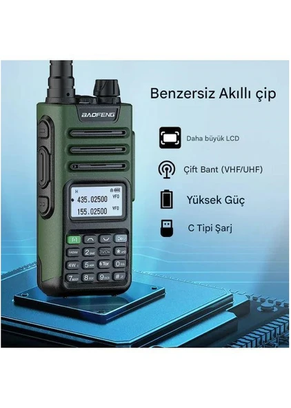 UV-13 Pro Yeşil Su Geçirmez Uzun Mesafe 10W Çift Bantlı Type-C Şarj Telsiz Kulaklık Hediyeli - Resim 5