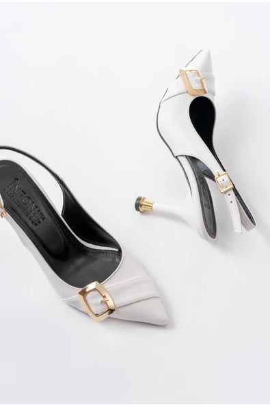 İNF-1151 Beyaz Günlük Arkası Açık Topuklu Bayan Ayakkabı - Resim 5