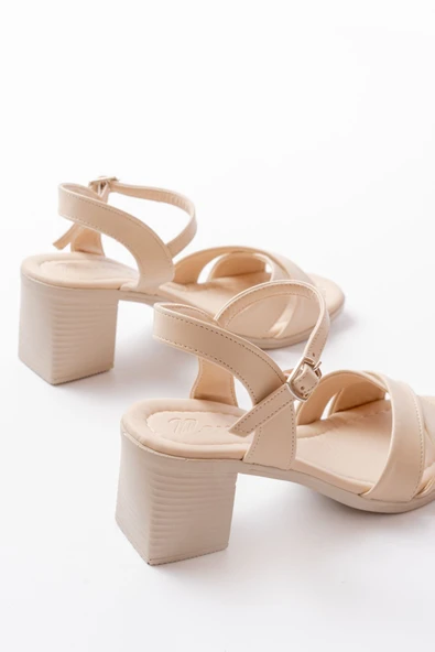 K-11 Bej Günlük Çapraz Topuklu Kadın Sandalet - Resim 5