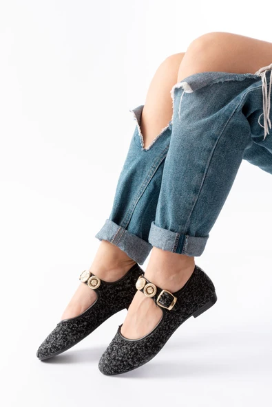 İNF-6363 Siyah Havlu Desenli Baret Tokalı Günlük Bayan Ayakkabı - Resim 2