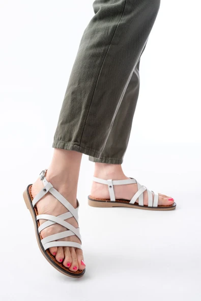 205-017 Beyaz Ortopedik Hakiki Deri Kadın Sandalet - Resim 3