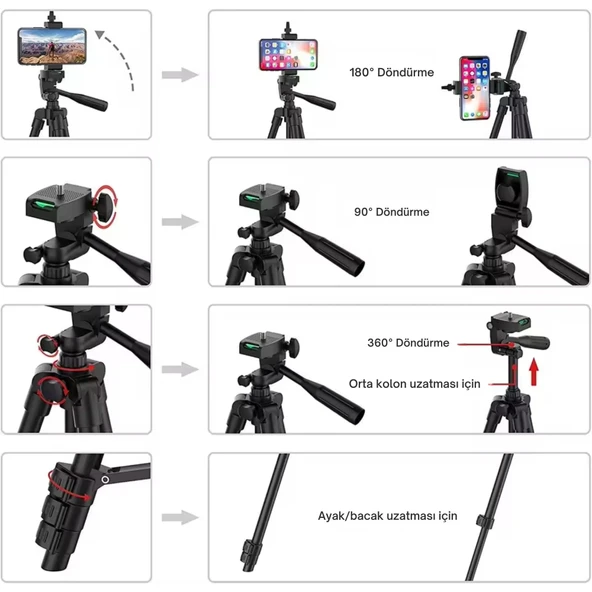 ShopyTech 102 cm Hafif Tripod  Telefon/Kamera Uyumlu Bluetooth Uzaktan Deklanşörlü 360° 3-Yönlü Kafa/SİYAH - Resim 5