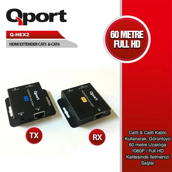 Qport Q-hex2 Hdmı Extender Cat6 60m 2 Li Paket (adaptör Dahil) ürün görseli
