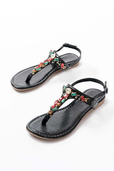 152-1110 Siyah Multi Cam Kırığı Taşlı Parmak Arası Kadın Sandalet - Resim 3