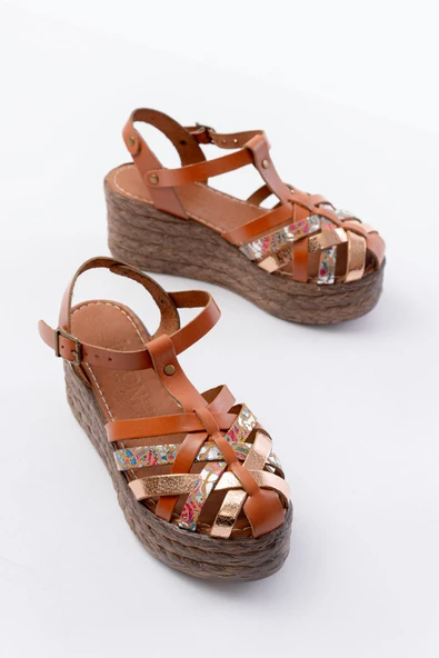 684-02 Taba Garni Ortopedik Hakiki Deri Dolgu Kadın Sandalet - Resim 3