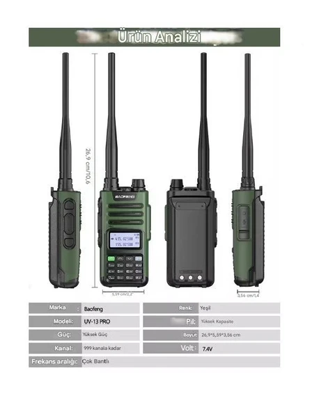 UV-13 Pro Yeşil Su Geçirmez Uzun Mesafe 10W Çift Bantlı Type-C Şarj Telsiz Kulaklık Hediyeli - Resim 4